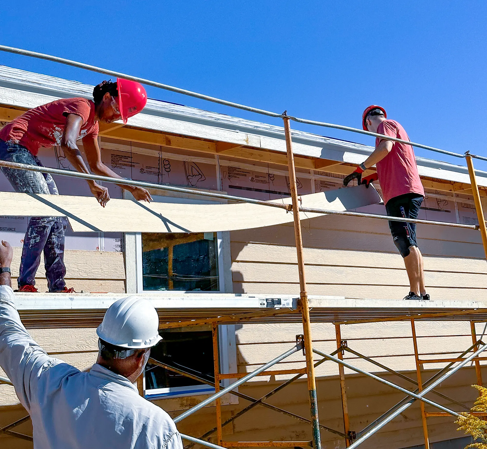 UA Habitat members adding siding on a house